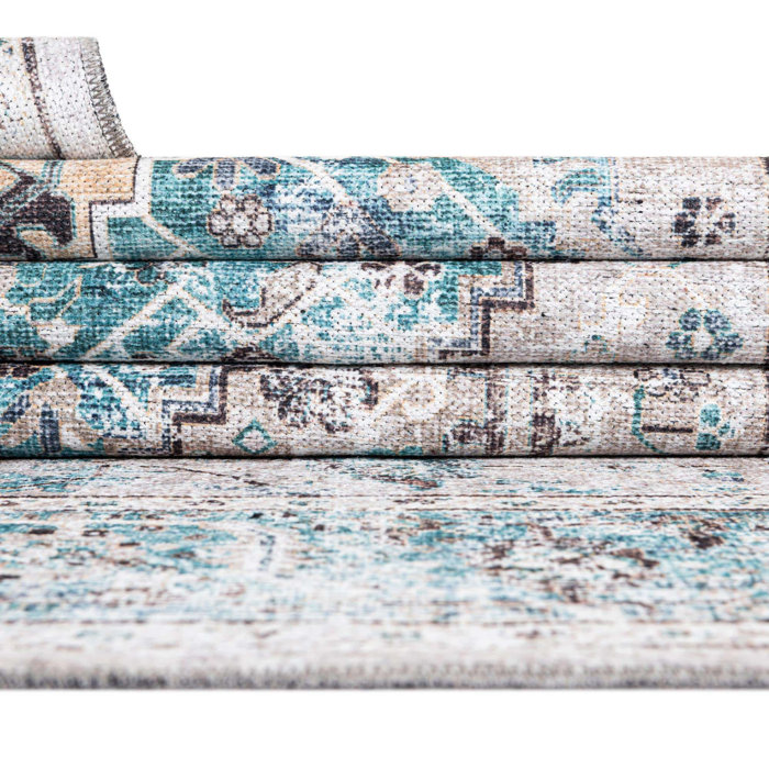 Bungalow Rose Olf Performance Blue/White Machine Washable Rug & Reviews